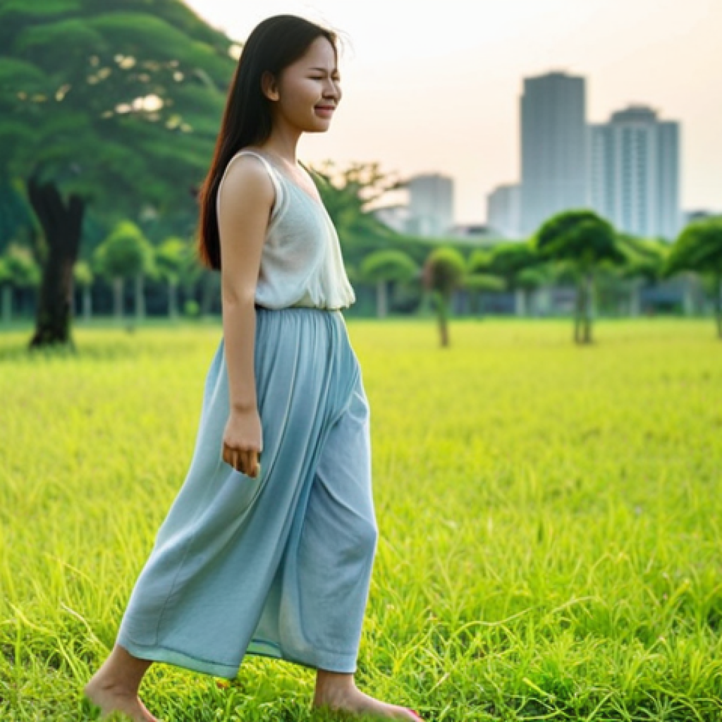 **Prompt:** A serene and contemplative Thai woman (mid-20s to 30s) stands barefoot on lush green grass, eyes closed, with a gentle smile as she feels the sunlight and a soft breeze. In the background, subtly blurred, are hints of urban challenges like distant high-rises or a gentle haze, symbolizing the initial worries about PM