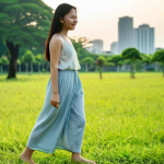 **Prompt:** A serene and contemplative Thai woman (mid-20s to 30s) stands barefoot on lush green grass, eyes closed, with a gentle smile as she feels the sunlight and a soft breeze. In the background, subtly blurred, are hints of urban challenges like distant high-rises or a gentle haze, symbolizing the initial worries about PM