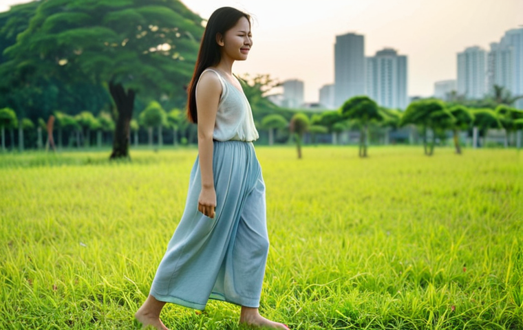 **Prompt:** A serene and contemplative Thai woman (mid-20s to 30s) stands barefoot on lush green grass, eyes closed, with a gentle smile as she feels the sunlight and a soft breeze. In the background, subtly blurred, are hints of urban challenges like distant high-rises or a gentle haze, symbolizing the initial worries about PM