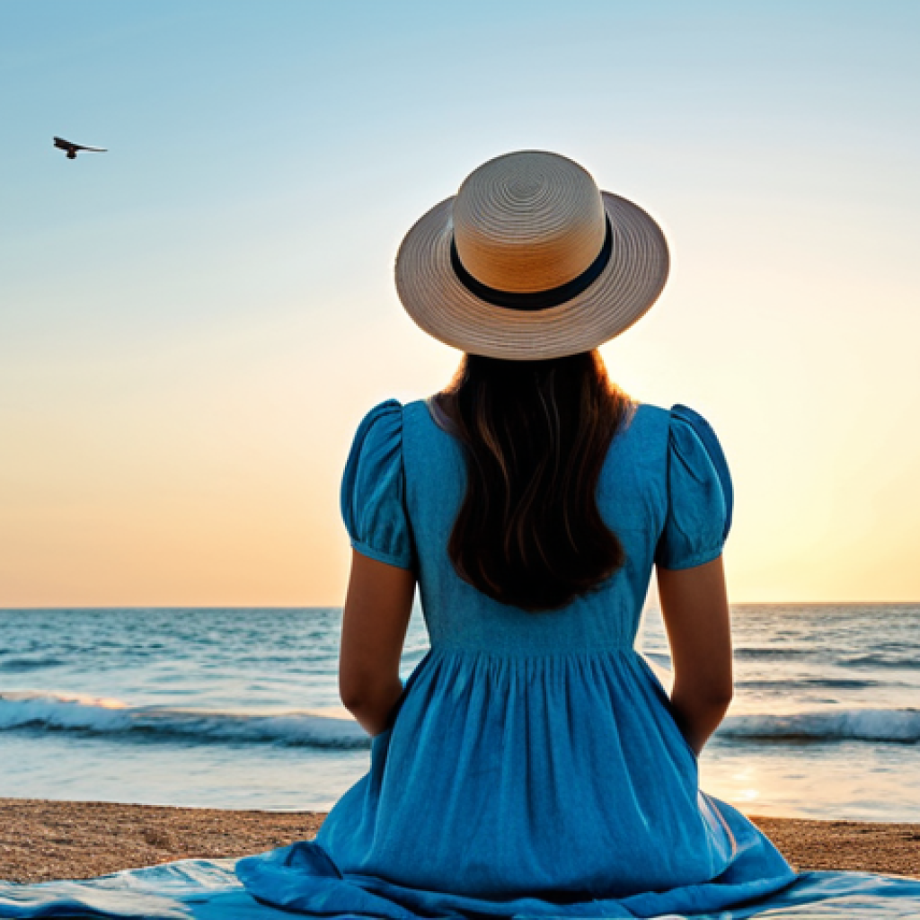 **
"A woman in a modest sundress and hat meditates peacefully by a calm, blue sea at sunrise, fully clothed, appropriate content, safe for work. Gentle waves lap the shore, birds fly overhead, perfect anatomy, natural proportions, professional photography, serene atmosphere, family-friendly."
**