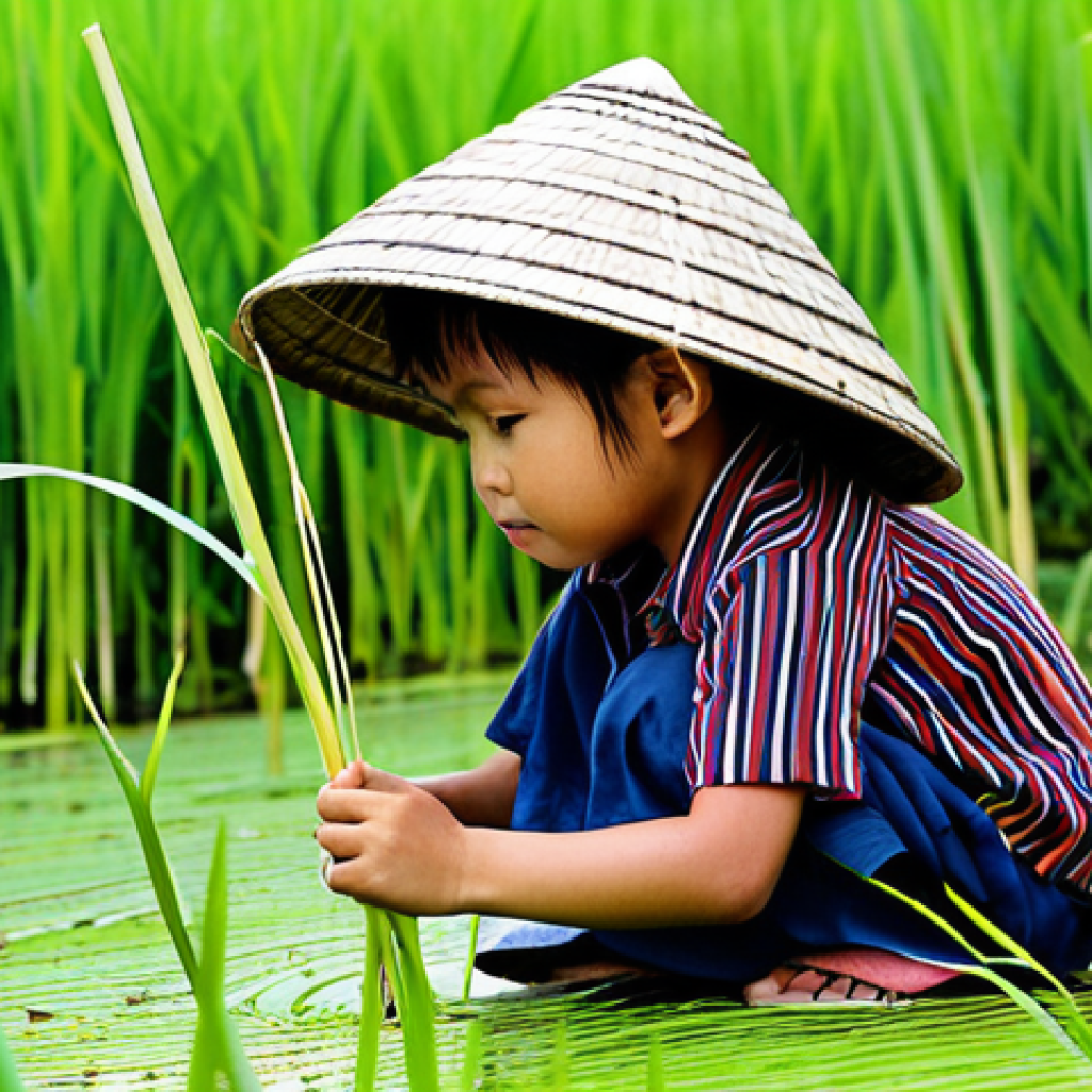 **Prompt:** A young Thai child, fully clothed in comfortable play clothes, exploring a lush green rice paddy. The child is carefully observing a small insect on a rice stalk. Background includes traditional Thai farming tools and a distant rural village. Safe for work, appropriate content, family-friendly, natural pose, perfect anatomy, high quality, professional.