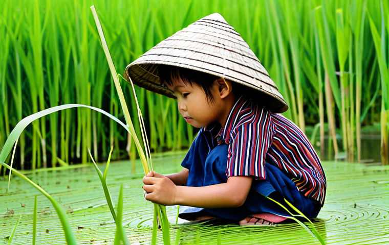 **Prompt:** A young Thai child, fully clothed in comfortable play clothes, exploring a lush green rice paddy. The child is carefully observing a small insect on a rice stalk. Background includes traditional Thai farming tools and a distant rural village. Safe for work, appropriate content, family-friendly, natural pose, perfect anatomy, high quality, professional.