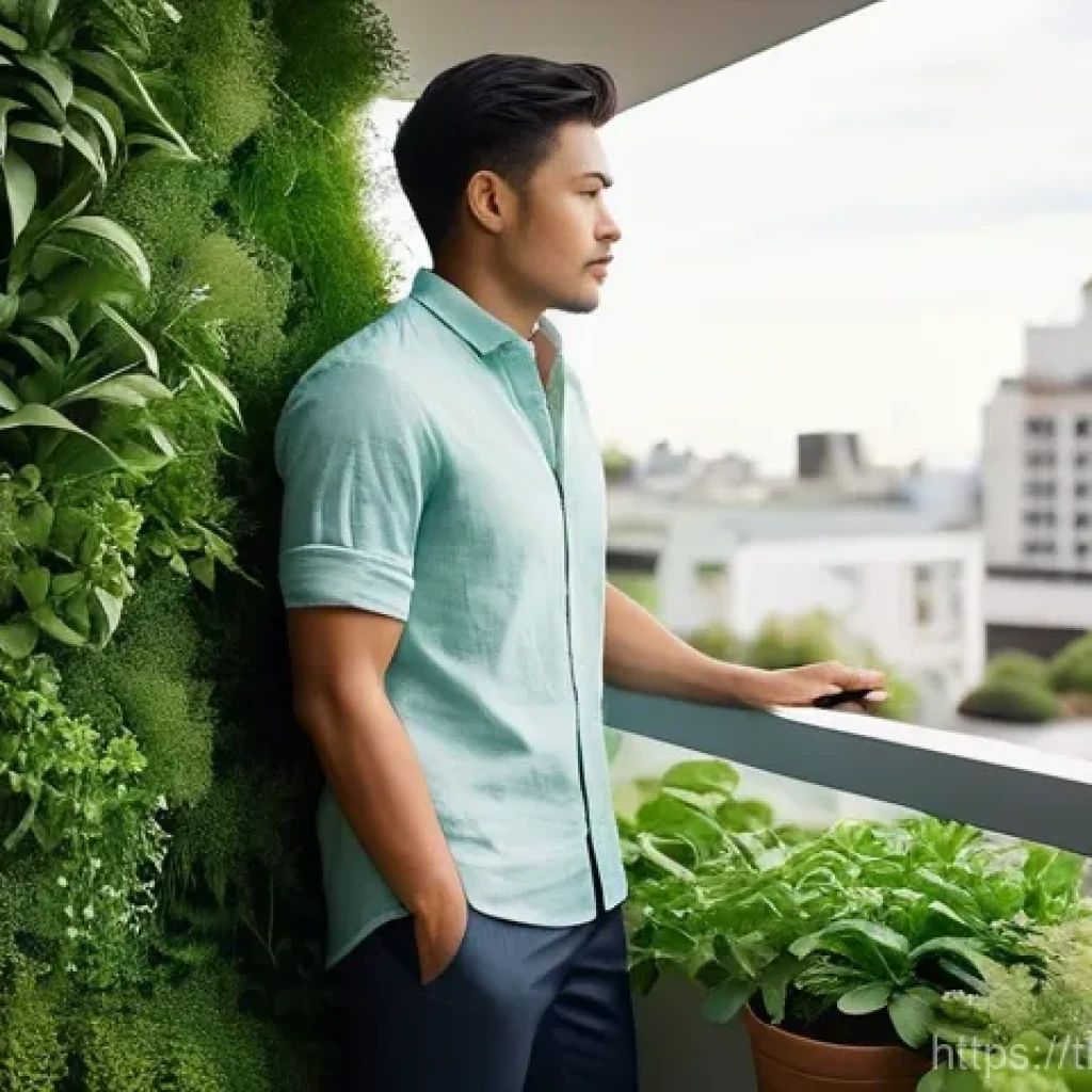 생태적 자아 형성을 위한 실천 커뮤니티 구축 - **Urban Serenity with a Vertical Garden:** A young adult, dressed in a comfortable and modest light ...