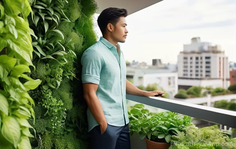 생태적 자아 형성을 위한 실천 커뮤니티 구축 - **Urban Serenity with a Vertical Garden:** A young adult, dressed in a comfortable and modest light ...