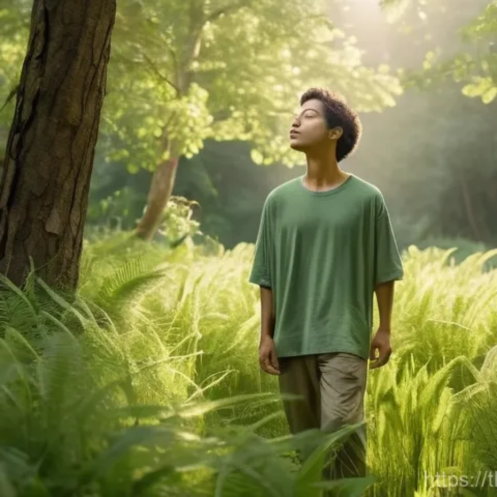 생태적 자아 형성과 환경 인식의 변화 - A serene outdoor scene depicting a person (gender-neutral, 20s-30s) standing barefoot on soft, dewy ...