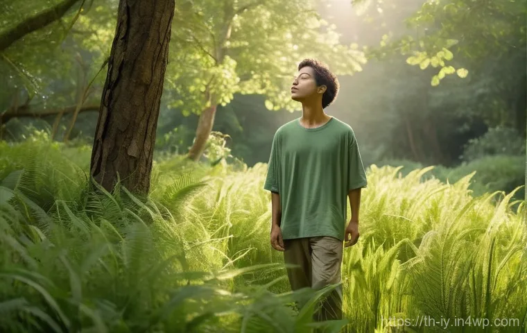생태적 자아 형성과 환경 인식의 변화 - A serene outdoor scene depicting a person (gender-neutral, 20s-30s) standing barefoot on soft, dewy ...