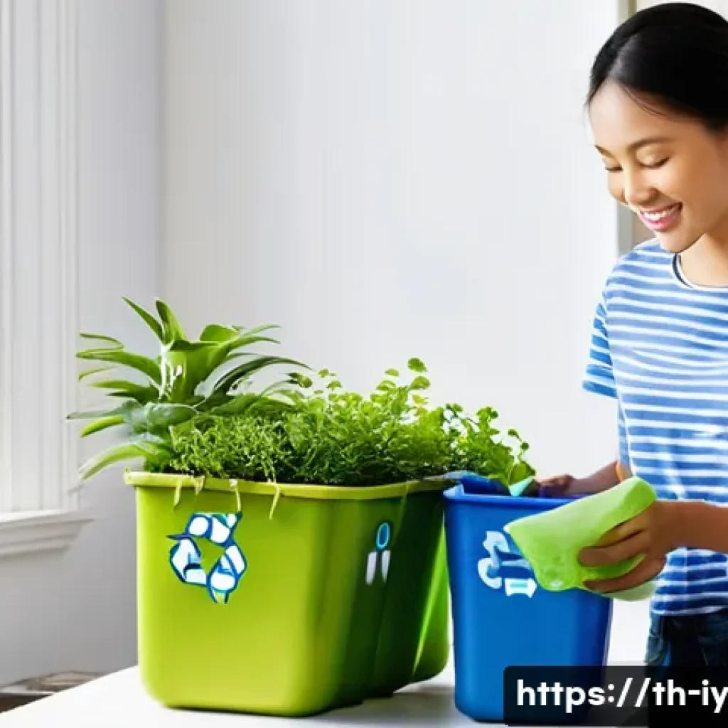 생태적 자아 형성을 위한 협력적 접근 - **Prompt 1: Home Waste Sorting and Upcycling**
"A bright, naturally lit kitchen or utility room ...