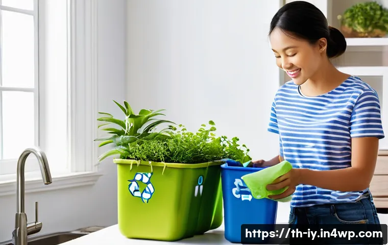 생태적 자아 형성을 위한 협력적 접근 - **Prompt 1: Home Waste Sorting and Upcycling**
    "A bright, naturally lit kitchen or utility room ...