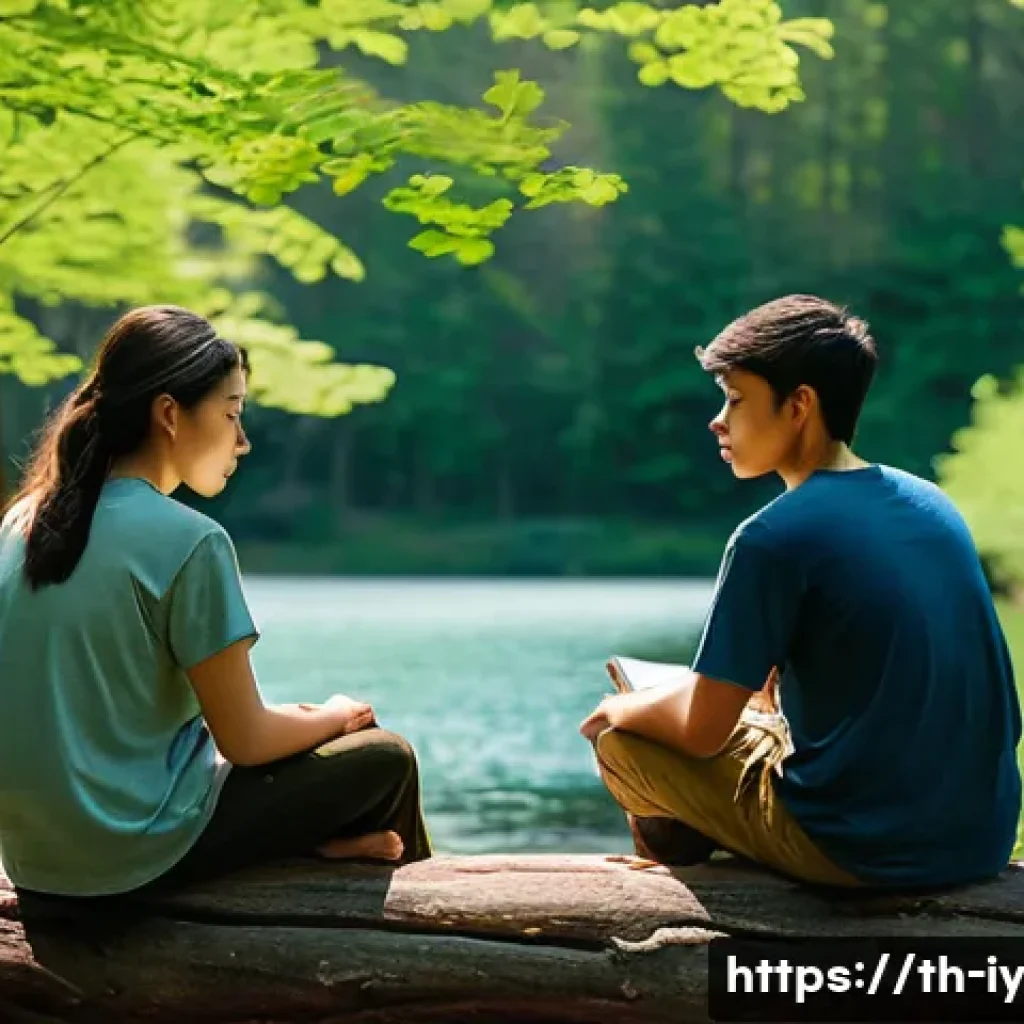 생태적 자아 형성을 위한 자기 반성 기법 - **Prompt 1: Serene Self-Reflection in Nature**
A tranquil scene depicting a young adult, gender-...