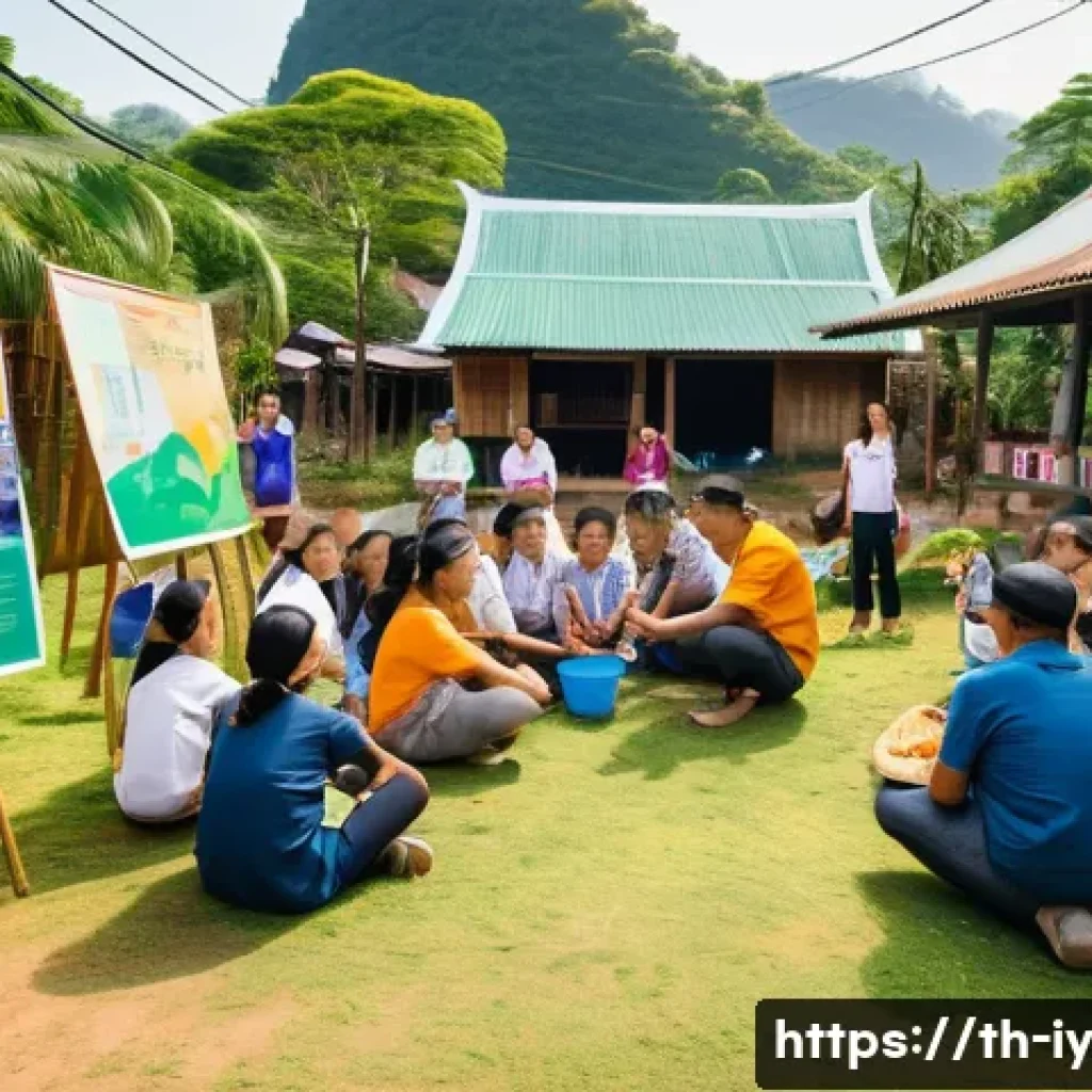 생태적 자아 형성을 위한 지역 사회의 역할 - A vibrant community workshop scene in a Thai village setting, with diverse local residents attentive...