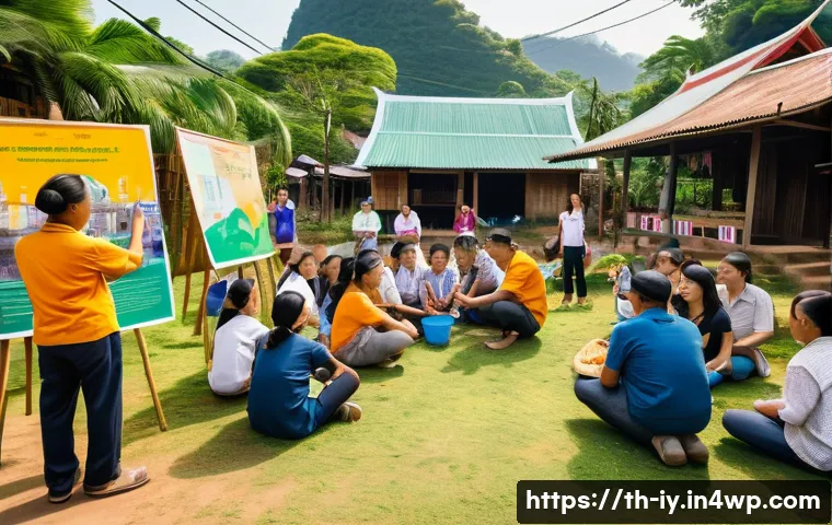 생태적 자아 형성을 위한 지역 사회의 역할 - A vibrant community workshop scene in a Thai village setting, with diverse local residents attentive...