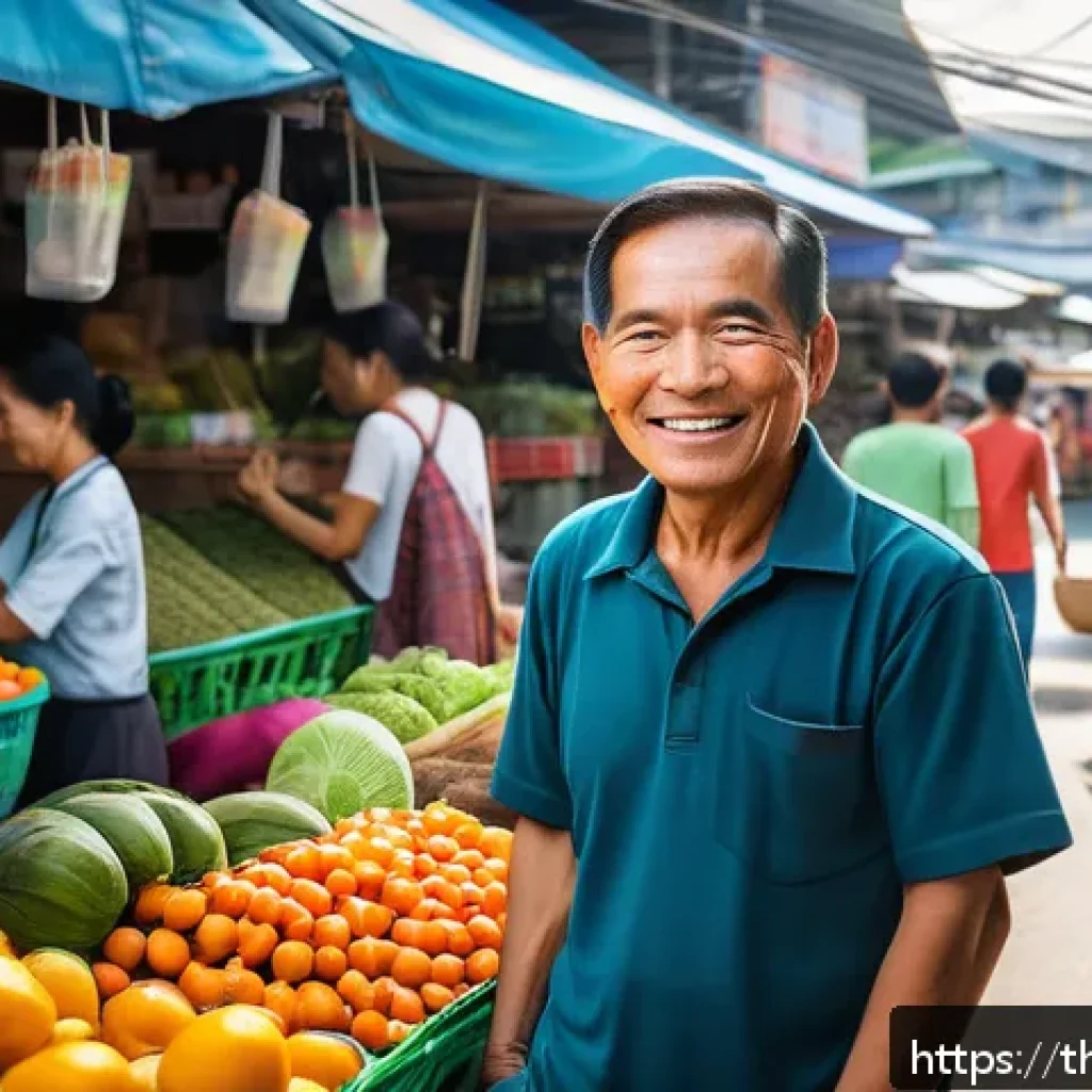 생태적 자아 형성을 위한 지속 가능한 솔루션 - A vibrant Bangkok community market scene showcasing local Thai farmers selling fresh seasonal fruits...