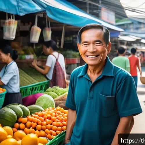Home 33 생태적 자아 형성을 위한 지속 가능한 솔루션 - A vibrant Bangkok community market scene showcasing local Thai farmers selling fresh seasonal fruits...