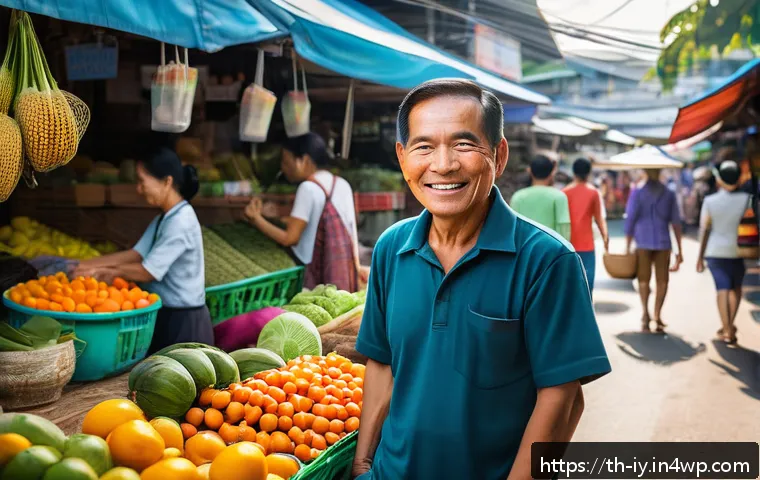 생태적 자아 형성을 위한 지속 가능한 솔루션 - A vibrant Bangkok community market scene showcasing local Thai farmers selling fresh seasonal fruits...