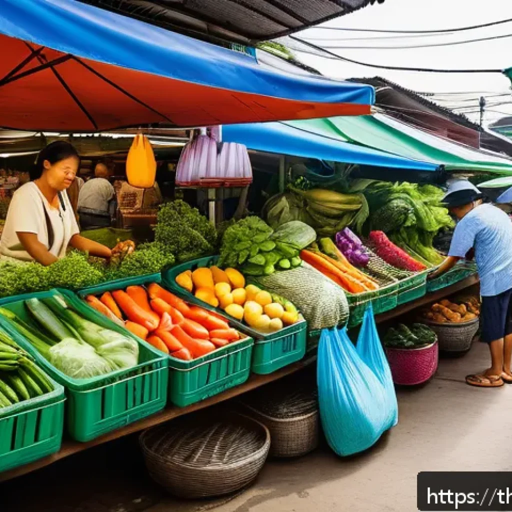 생태적 자아 형성을 위한 지속 가능한 전략 - A vibrant Thai local market scene featuring diverse people shopping with reusable cloth bags and sta...