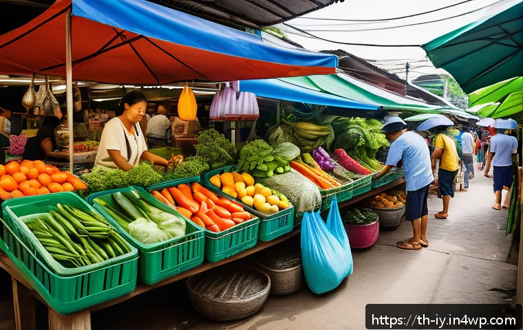 생태적 자아 형성을 위한 지속 가능한 전략 - A vibrant Thai local market scene featuring diverse people shopping with reusable cloth bags and sta...