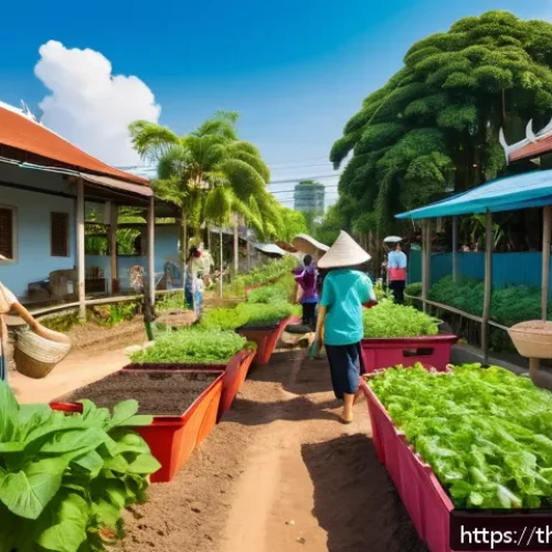 Home 30 생태적 자아 형성과 지속 가능한 행동 변화 - A vibrant community garden scene in a sunny urban neighborhood in Thailand, featuring diverse people...