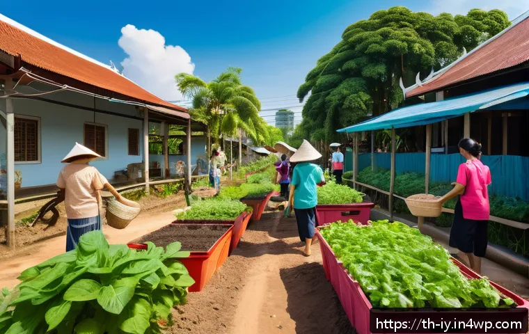 생태적 자아 형성과 지속 가능한 행동 변화 - A vibrant community garden scene in a sunny urban neighborhood in Thailand, featuring diverse people...