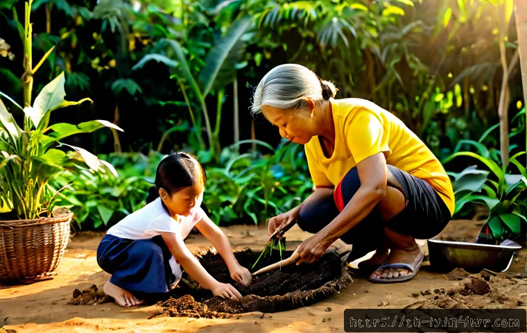 Home 17 생태적 자아의 중요성과 필요성 - Photorealistic sunrise scene in a lush Thai community garden, a Thai grandmother and young granddaug...