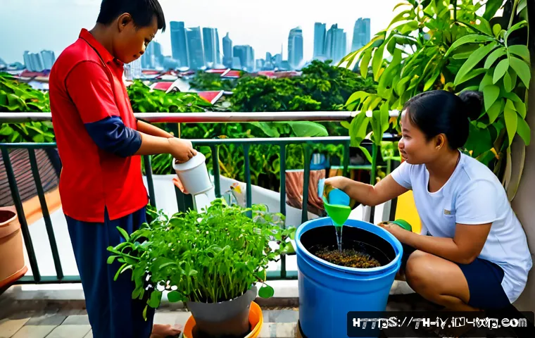 생태적 자아와 환경적 책임감을 높이는 방법 - Photorealistic Thai family in a bright Bangkok apartment balcony garden, parents and two school-age ...